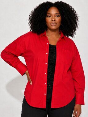 Plus Size Red Button Down Shirt Lightweight 100% cotton Poplin Blouse